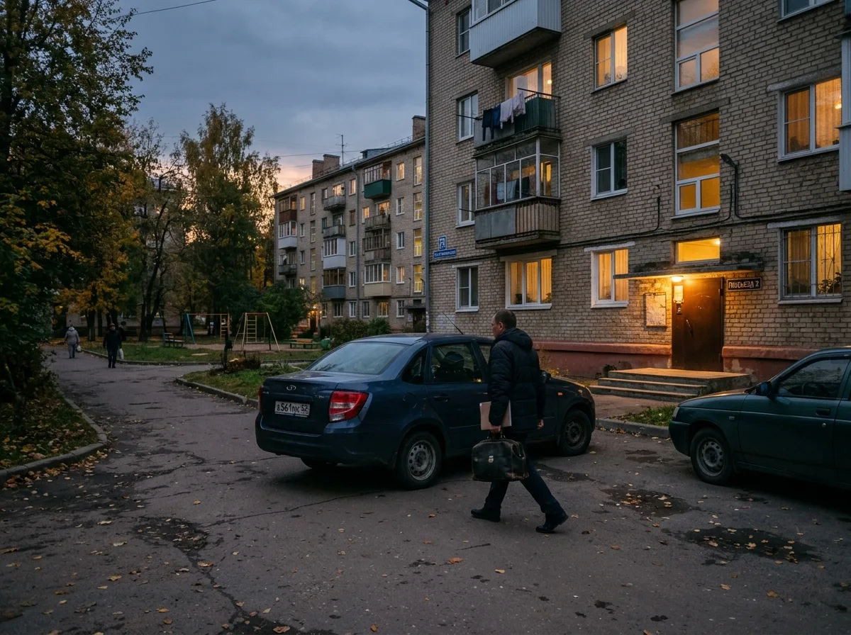 Обычный гражданский автомобиль у жилого дома без медицинских логотипов, вечернее освещение, жилой двор Нижнего Новгорода, спокойная атмосфера, конфиденциальный визит врача